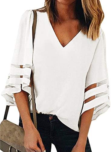 Womens 3/4 Bell Sleeve V Neck T Shirts Loose Lace Mesh Patchwork Chiffon Blouse Tops