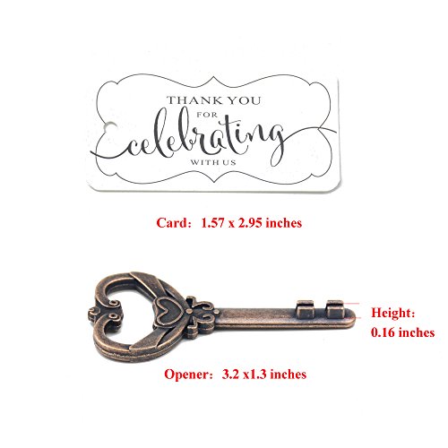 Aokbean 50pcs Multi Function Vintage Skeleton Key Bottle Opener Place Card Holders for Weddings Table Name Cards for Guest Souvenir French Ribbon (Antique Copper)