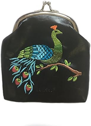 Peacock Embroidered Vegan Leather Kiss Lock Frame Coin Purse (Black)
