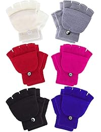 Boao 6 Pairs Kids Winter Convertible Fingerless Gloves Knitted Mitten Warm Gloves with Cover for Kids and Teens(4-11 Years)
