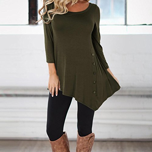 Amimgo-Womens-34-Sleeve-Loose-Button-Trim-T-Shirt-Round-Neck-Asymetrical-Tunic-Blouse