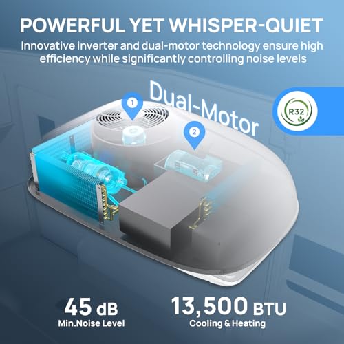 TURBRO Inverter 13.5K BTU RV Air Conditioner with Cooling and Heat Pump | Non-Ducted Low-Profile Rooftop Unit | Quiet Operation | WiFi & Remote Control | LED Atmosphere Light, White | Non-Ducted Low-Profile Rooftop Unit, Quiet Operation, WiFi & Remote Control, LED Atmosphere Light, White
