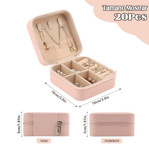 MEKOTRIN Organizador de Joyero Pequeño, Caja de Viaje para Mujeres de 20 Piezas, Estuche Portátil de PU para Anillos, Pendientes y Collares(Rosáceo)