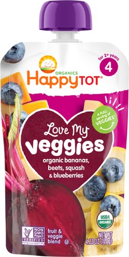 HAPPY TOT LOVE MY VEGGIES STAGE 4 ORGANIC TODDLER FOOD BANANA BEET SQUASH & BLUEBERRY, 4.22 OUNCE POUCH ORGANIC BABY FOOD/TODDLER FOOD POUCHES, FRUIT AND VEGGIE BLEND, FULL SERVING OF VEGETABLES