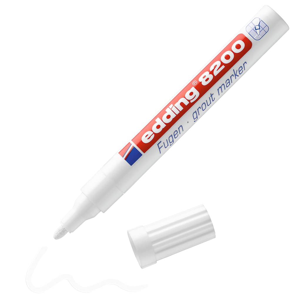edding 8200 grout marker - white - 1 pen - round nib 2-4 mm - grout restorer for reviving and brightening dirty tile grout - waterproof, highly opaque, quick-drying - for kitchens and bathrooms