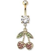 Pierced Owl 14GA 316L Stainless Steel CZ Crystal Pink Cherries Dangling Belly Button Ring