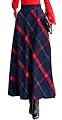 Wofupowga Womens Woolen Plaid Swing Vintage Elastic High Rise Pleated Long Skirt