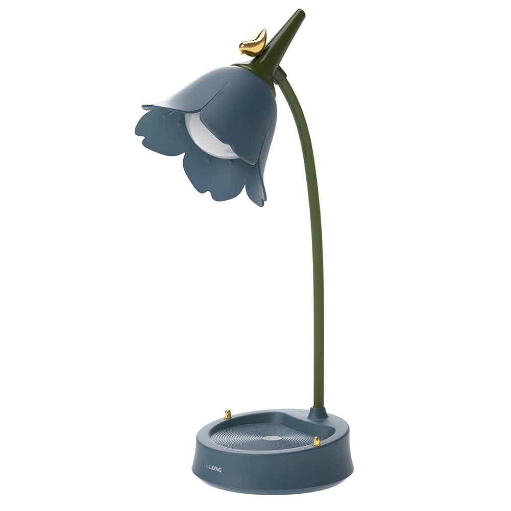 BomKra LED Flower Desk Lamp Cordless Table Light 3 Color Modes Cute Touch Reading Table lamp USB Rechargeable Eye Protection Night Light for Kids, Cute Lamp for College Dorm Bedroom (Blue)