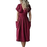 Akivide Women's Cotton Linen V Neck Belt Wrap Kimono Dresses Summer Short Sleeve Cocktail Party Midi Dress with Pockets