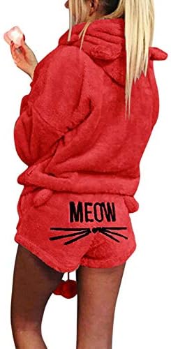 Women's Two Piece Pyjamas Warm Coral Velvet Sleepwear Cute Cat Pattern Hoodies + Shorts Outfit
