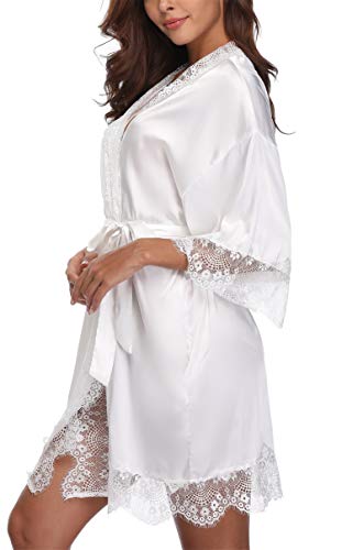 sunshinemall Womens Lace Trim Satin Bathrobe Kimono Nightgown Bridal Robe White
