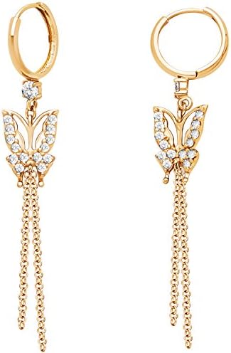 14K Solid Gold CZ Ladies Huggie Butterfly Dangle Earrings, Butterflies Small Hoop Earrings