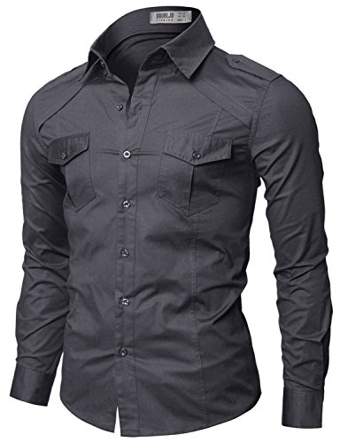 Doublju Mens Classy Button-Down Long Sleeve Plus Size Shirts CHARCOAL,3XL