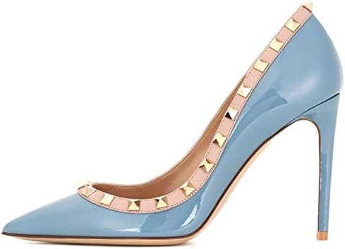 Caitlin Pan Womens Stylish Pointed Toe High Heel Slip On Pumps Rivet Studded Stiletto Dress Pumps 10CM