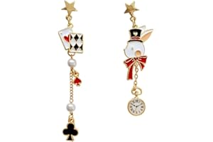 YOOESTORES82 Unique Playing Card Dangle Earrings Red Heart Queen Poker Earrings for Women,Gold Asymmetric Rabbit Long Clock Poker Dangle Earrings Queen Hearts Costume