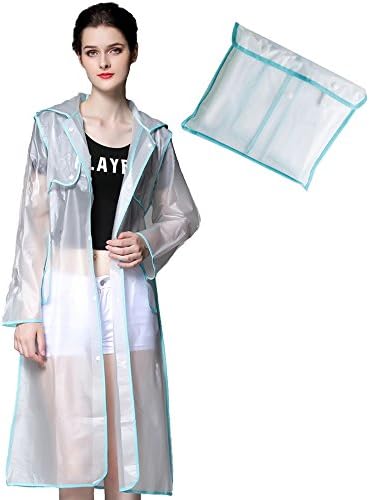 Womens Waterproof Hooded Raincoat Lightweight Easy Carry Semi-transparent Poncho Runaway Style Reusable Rainwear Blue Large