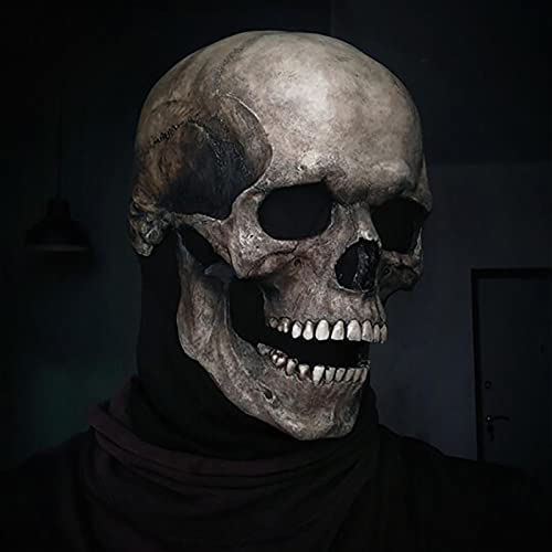 Halloween Horror Decoration Full Head Skull Mask/Helmet with Movable Jaw, Adult Entire Head Realistic Latex Helmet, Creepy Scary Skeleton Headgear (Soft Glue-Gray)