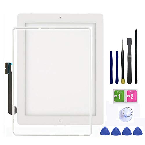 Ipad 3 Touch Screen Replacement，FeiyueTech New Black Digitize Screen Front Glass Assembly - Includes Home Button + Camera Holder +Frame Bezel+ PreInstalled Adhesive with Tools kit. (white)