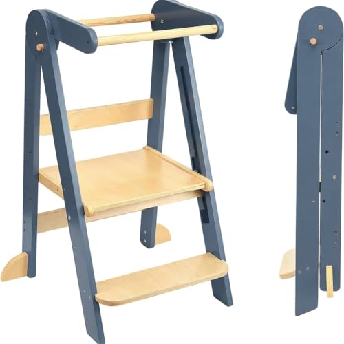 Learning Tower, Foldable Wooden Toddler Tower with Safety Rail, Kitchen Stool Helper, Standing Tower with 3 Adjustable Heights, Mother's Helper, Montessori Step Stools for Bathroom Sink
