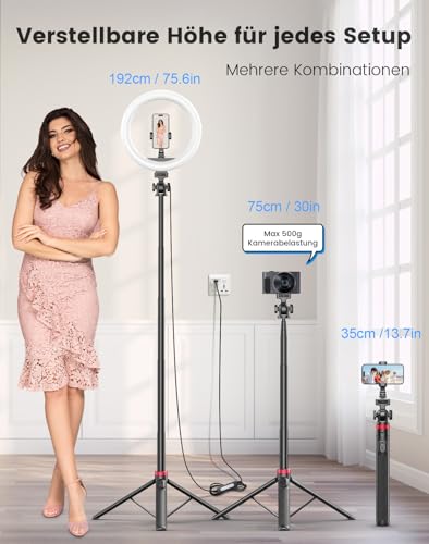 10.2 Inch Dimmable Ring Light with 75 Inch High Aluminium Tripod, Flicker-Free LED Makeup Light/Cold Shoe Quick Mount Holder, Ring Light for Mobile Phone, TikTok/Live Stream, Video Recording
