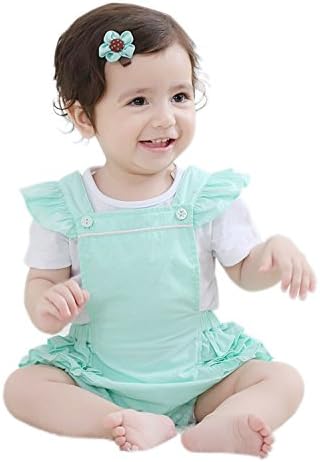 Baby Girls 2-Piece Bodysuit Shortalls Set,Floral Decoration Suspender Shorts (90/12-18 M, Blue)
