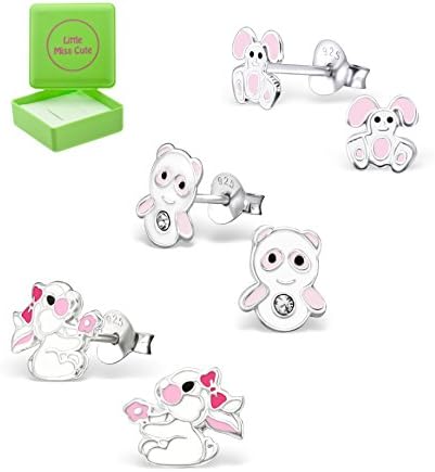 Gift boxed set of 3 .925 Sterling Silver Hypoallergenic Stud Earrings for Girls (Nickel Free) - Bunny Rabbit- Tiny Rabbit- Owl