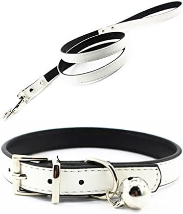 Metal Buckle Pet Collar and Leash Set with Bell Suit for Cats or Puppy Dogs White/Black/Red/Pink/Blue/Brown (S (Collar + Leash), White)