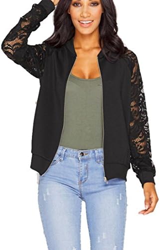 Womens Sweater Coats, RIUDA Womens Long-sleeved Lace Stitching Zipper Jacket Coat (XXL, Black)