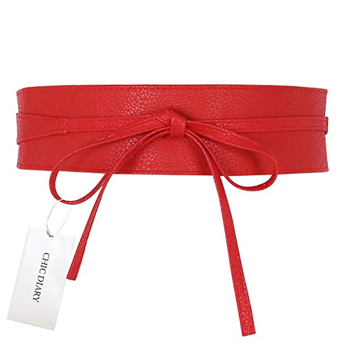 CHIC DIARY Fashion Women Faux Leather Bow Tie Waistband Elastic Stretch Waist Strap Cummerbund Waist Band Belt for Dress (Red)