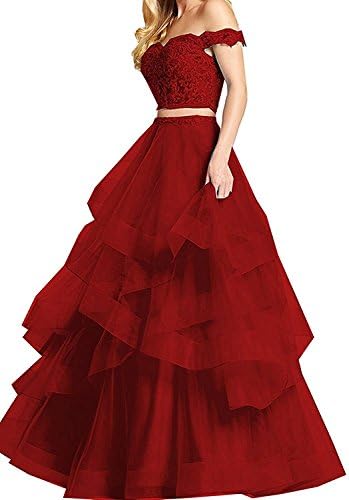 Pettus Women's Off-The-Shoulder Lace Prom Dress 2018 Two Pieces Sequins Evening Party Gowns Long