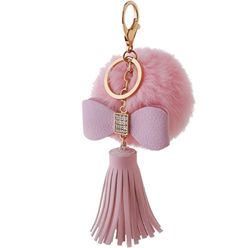 Mlotus Cute Plush Fur Ball Tassel Bowknot Keychain Backpack Key Car Hang Chains pink