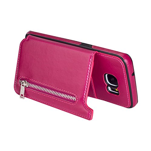 For Samsung Galaxy S7 Pocket Case, Aearl TPU Bumper Shell Back Magnetic Button Closure Vintage PU Leather Cover Zipper Wallet Purse Card Holder Slot Kickstand Case for Samsung Galaxy S7 - Rose Red - Thumbnail 6