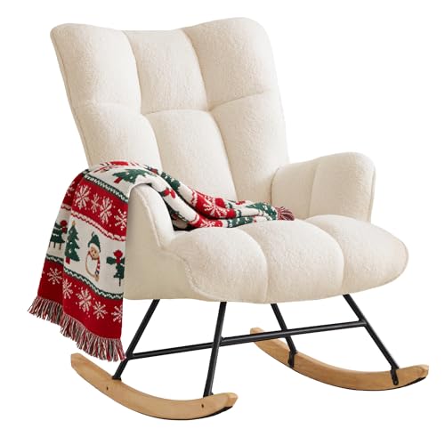 Zedachica Rocking Chair Nursery Teddy Rocking Accent Chair Upholstered Glider Rocker Armchair Comfy Side Chair Padded Seat with High Back for Living Room Bedroom Offices (Ivory)