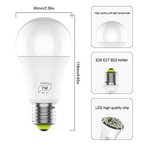 Smart WiFi Light Bulb, Dimmable RGB Multi-Color LED Light Bulb 60 Watt Equivalent 2700K-6500K Sync to Music Works with Alexa, Echo, Google Home for Home Decor, Stage, Party(4 Pack)
