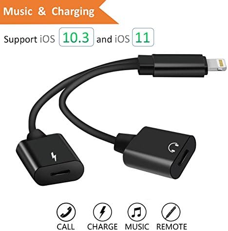 Dual Lightning Adapter for iPhone 8/8 Plus, iPhone X, iPhone 7/7 Plus, Jackiey Lightning to Double Lightning Audio + Charge Splitter for iOS 11 (Black)