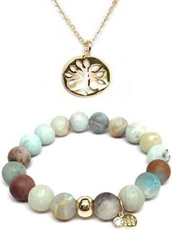 Set 10mm Green Amazonite Emma 7" Stretch Bracelet 12mm Tree Of Life Charm 16" gold Necklace