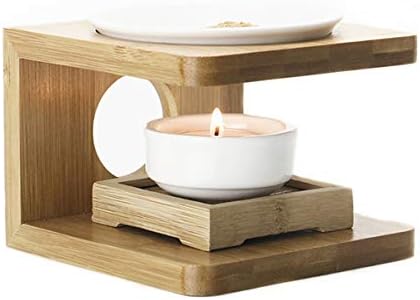 Amazon Hamilo 茶香炉 アロマ 香皿 ろうそく 竹製台座 陶磁器 リラクゼーション アロマオイル ナチュラルウッド 置物 オブジェ オンライン通販