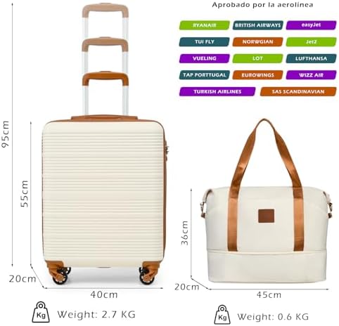 Maleta Cabina 55x40x20 para Easyjet, Bolsa de Viaje 45x36x20cm para Viajes Cortos y Viajes de Negocios, Trolley Cabina de ABS con Candado TSA, 4 Ruedas de 360° (Azul/Marrón)