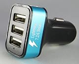 Car Charger, Lightning Car Charger ®, 7.2 Amp Triple USB, Premium Aluminum, Smart IC Adapts to all device default charger rates (Blue)