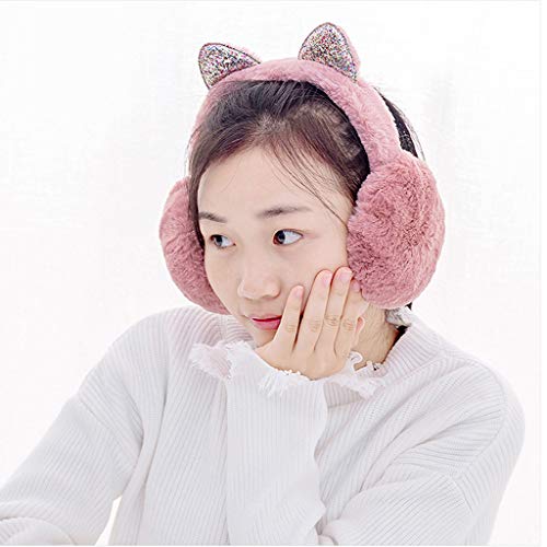 BCDshop Women Winter Earmuffs Soft Faux Fur Cute Sequin Cat Ears Windproof Adjustable Ear Warmers (Watermelon Red 1)