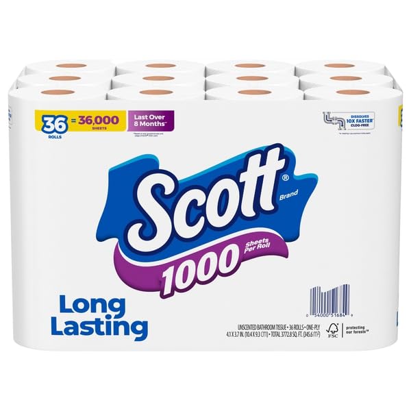 SCOTT 1-PLY WHITE 1000-SHEET TOILET PAPER(1000 SHEETS PER ROLL 36 ROLLS PER PACK) 53897