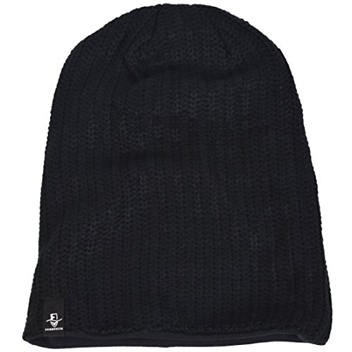 Men's Cool Cotton Beanie Slouch Skull Cap Long Baggy Hip-hop Winter Summer Hat B305 (Ribbed-Black)