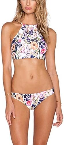 Lovsy Women's Floral Printing High Neck Bikini Set 2 Piece Swimsuit Bathing Suit, Blue,  L