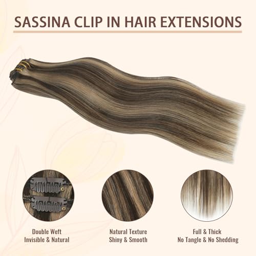 Sassina Clip in Hair Extensions Real Human Hair Chocolate Brown Highlighted Caramel Blonde Double Weft Clip ins for Women 16 Inch Human Hair Full Head 8 Pcs 120 Grams #P4-27