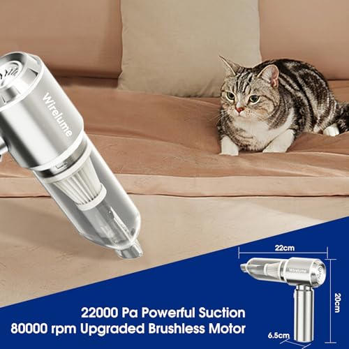 Wirelume Handheld Vacuum Cleaner Powerful Mini Car Vacuum Cleaners Hand Held Vacuum Cordless 22000Pa Strong Cyclonic Suction Blowing Portable Rechargable Lightweight for Pet Hair Vehicle Home Office