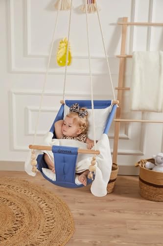 Svava Baby Swing for Baby and Toddler, Canvas Baby Hammock Swing Indoor and Outdoor with Safety Belt and Mounting Hardware, Wooden Hanging Swing Seat Chair for Baby Swing with Pillow (Blue)