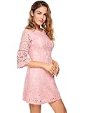 FineFolk Women's Floral Lace 3/4 Flare Bell Sleeve Cocktail Party A-Line Mini Dress