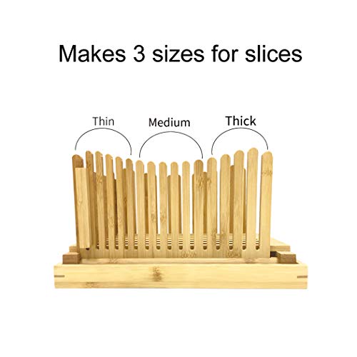 Bamboo Bread Slicer, Foldable 3 Thickness Adjustable Bread Cutter with Crumb Catcher,100 bread bags and 100 golden twist ties for Homemade Bread & Loaf Cakes