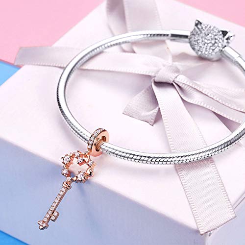 BAMOER Rose Gold Eternity Heart Key Charms Pendant Sterling Silver Charm with CZ fit Women Bracelets DIY Jewelry Gift - Thumbnail 2
