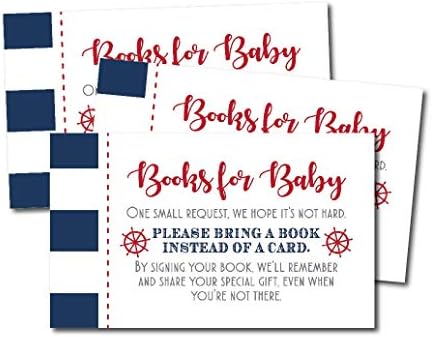 25 Ahoy It’s A Boy Books for Baby Request Insert Card for Baby Shower Invitations or invites, Nautical Navy Cute Bring A Book Instead of A Card Theme for Gender Party Story Games, Business Card Sized